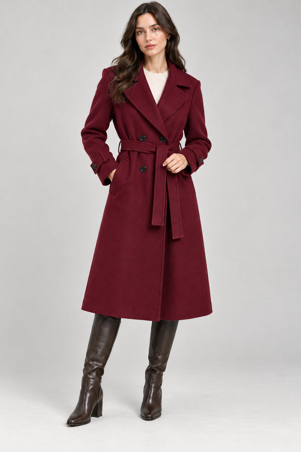 Ladies Long Button on Sleeve Side pockets Belted Button Coat Women’s Jacket