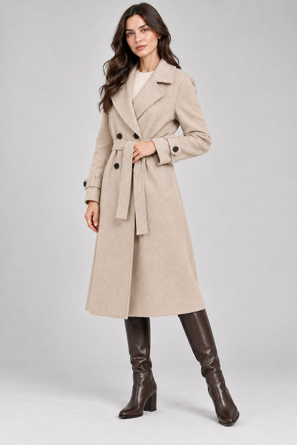 Ladies Long Button on Sleeve Side pockets Belted Button Coat Women’s Jacket