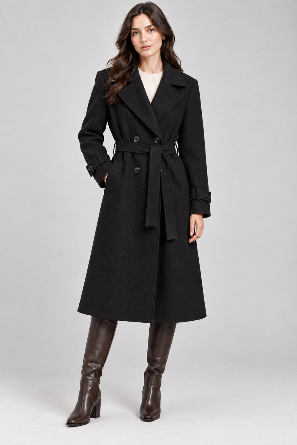 Ladies Long Button on Sleeve Side pockets Belted Button Coat Women’s Jacket