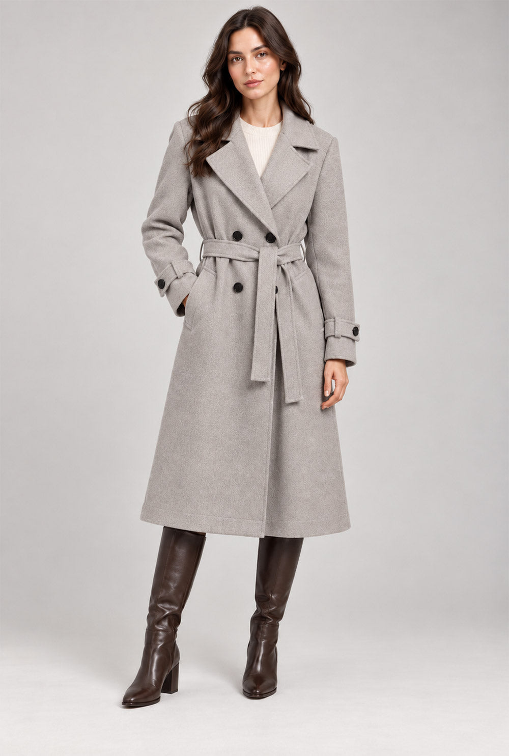 Ladies Long Button on Sleeve Side pockets Belted Button Coat Women’s Jacket
