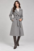 Ladies Long Button on Sleeve Side pockets Belted Button Coat Women’s Jacket