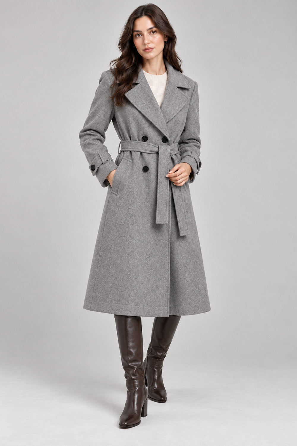 Ladies Long Button on Sleeve Side pockets Belted Button Coat Women’s Jacket
