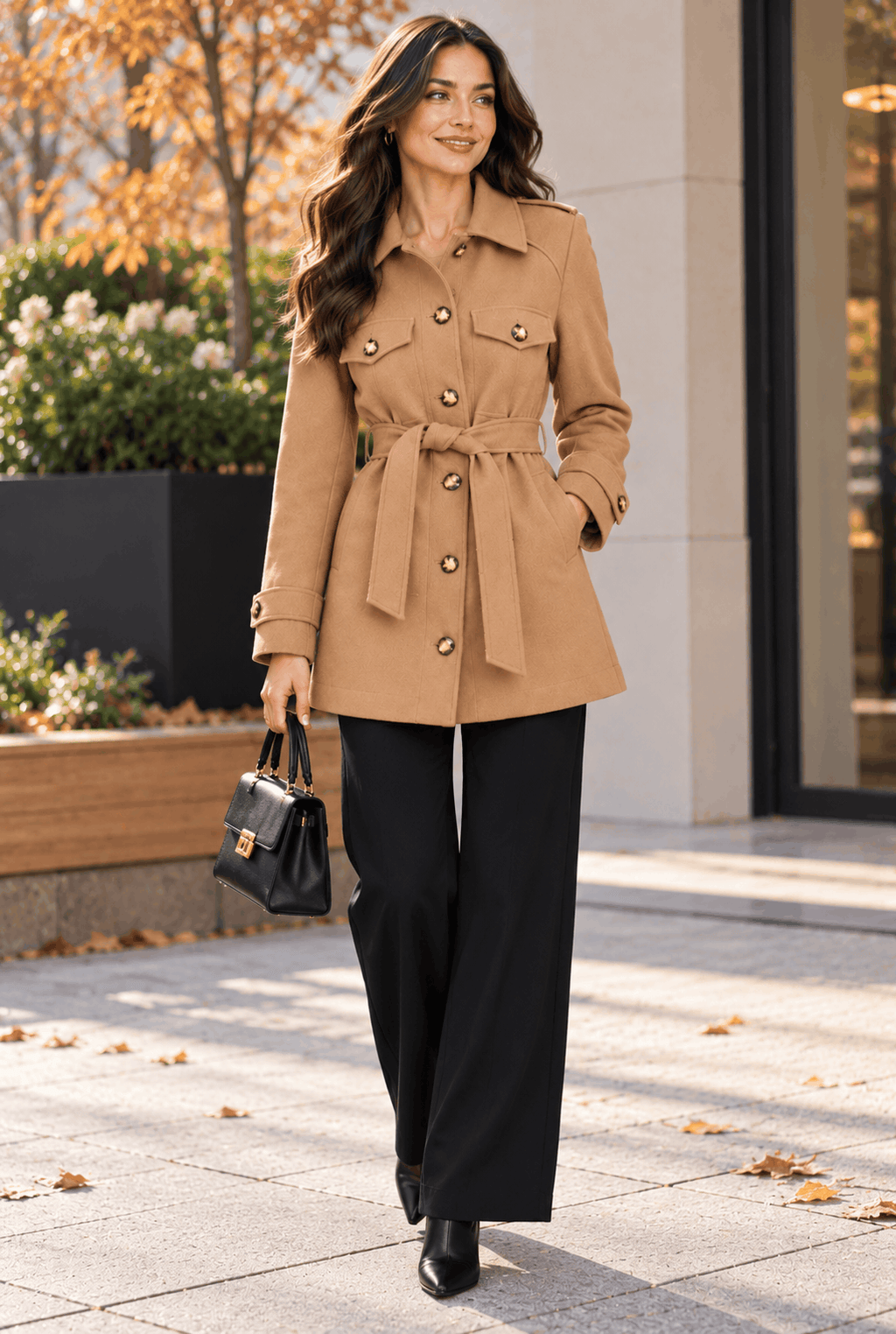 Ladies Long Sleeve Belted Jacket Womens Front Pocket Button Shacket