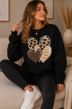 Ladies Long Sleeve Heart Stripe Leopard Print Round Neck Sweatshirt