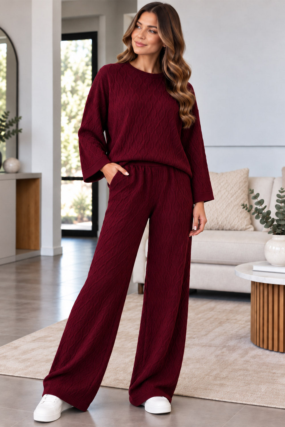Ladies Long Sleeve Textured Round Neck Trouser Suit With Wide Leg Side Pockets Trousers