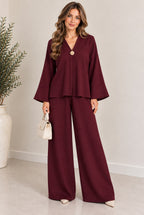 Ladies Long Sleeve V-Neck loungewear Front Button 2Pcs Tracksuit