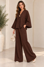 Ladies Long Sleeve V-Neck loungewear Front Button 2Pcs Tracksuit