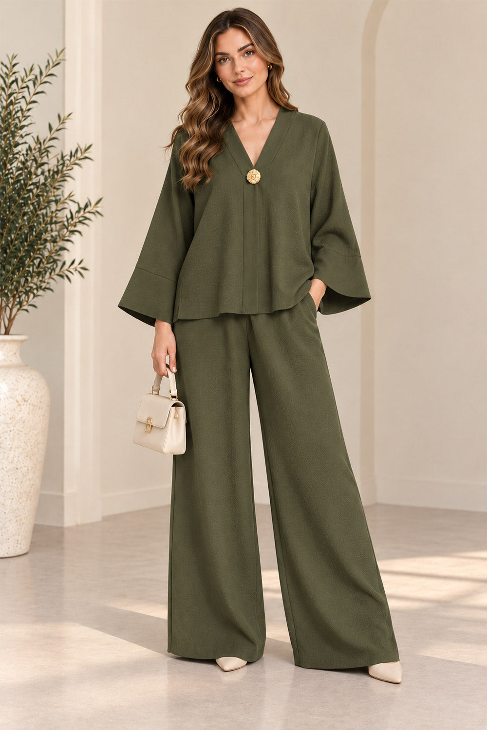 Ladies Long Sleeve V-Neck loungewear Front Button 2Pcs Tracksuit