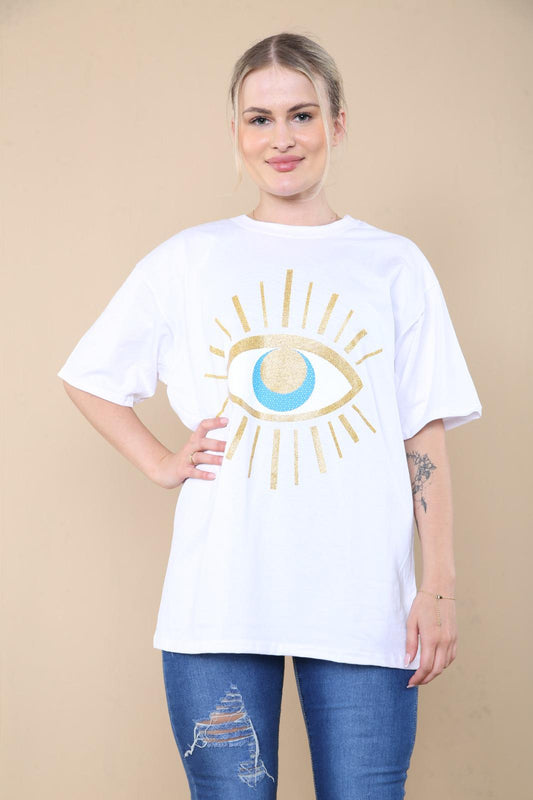 Ladies Oversized Sequin Eye Printed Short Sleeves T Shirt Top - AX Labels