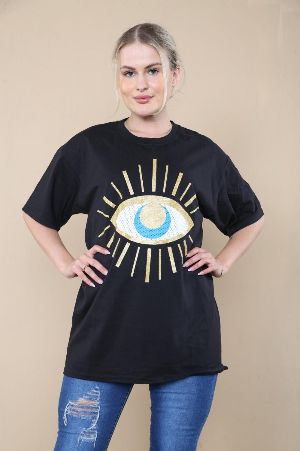 Ladies Oversized Sequin Eye Printed Short Sleeves T Shirt Top - AX Labels