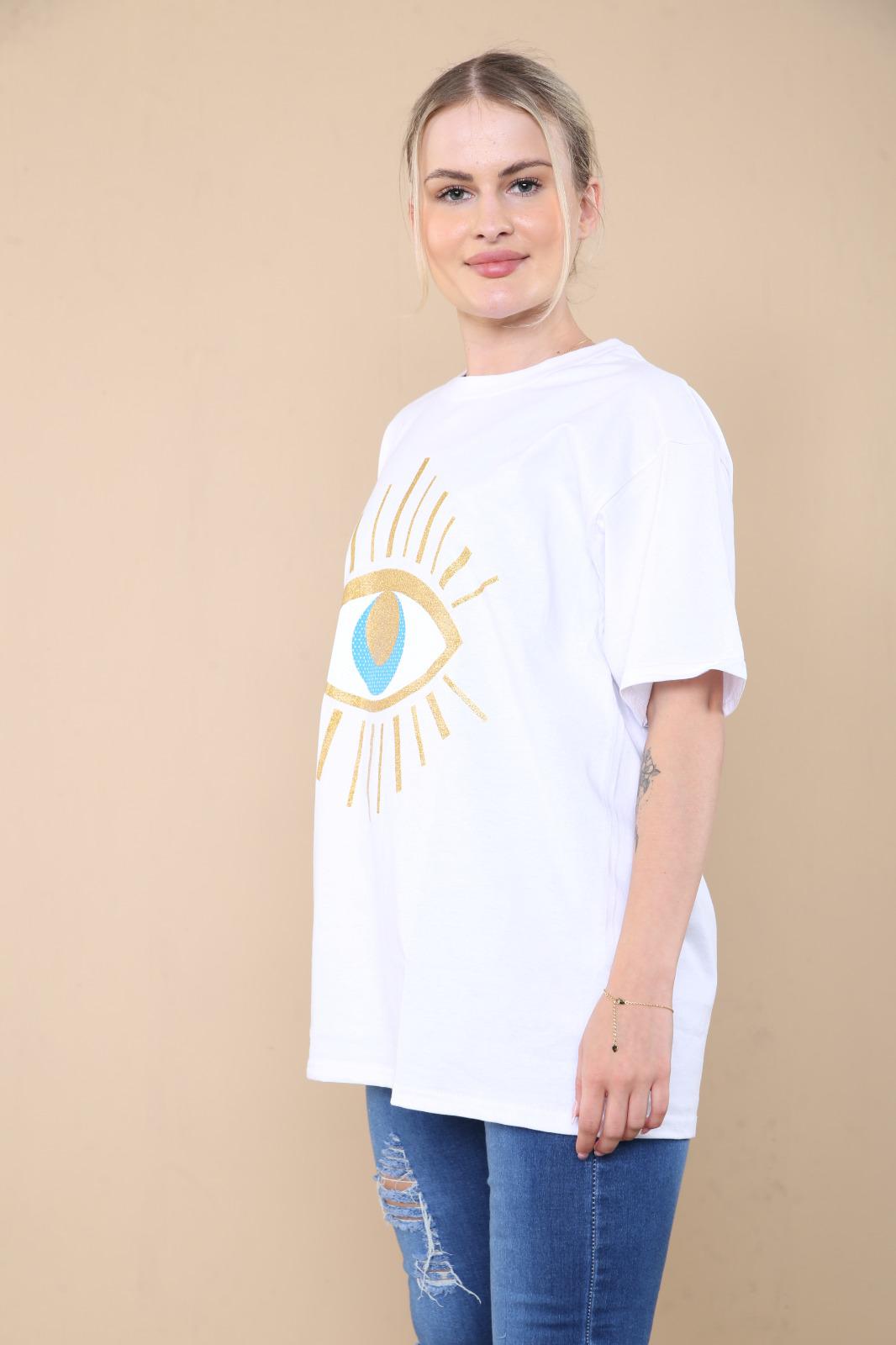 Ladies Oversized Sequin Eye Printed Short Sleeves T Shirt Top - AX Labels