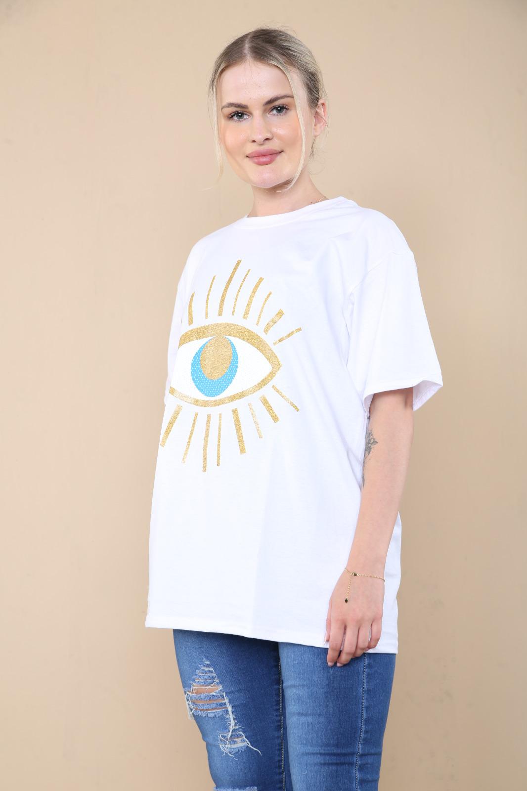 Ladies Oversized Sequin Eye Printed Short Sleeves T Shirt Top - AX Labels