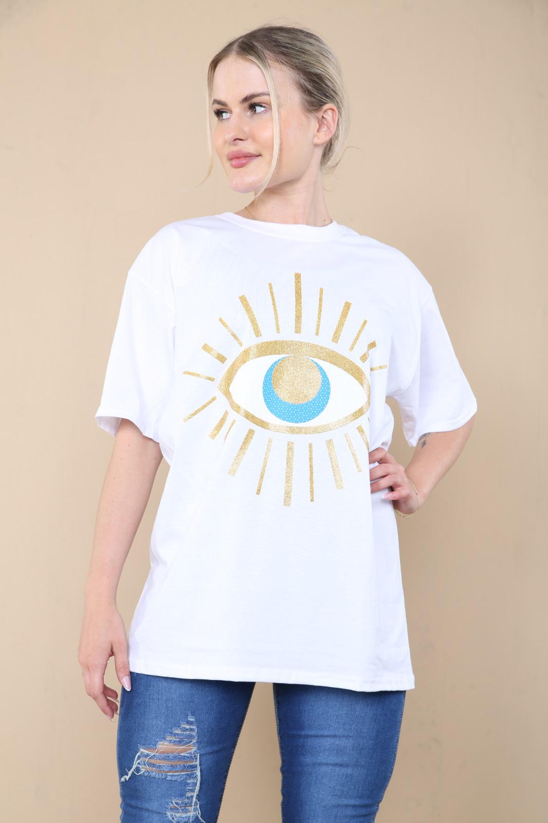 Ladies Oversized Sequin Eye Printed Short Sleeves T Shirt Top - AX Labels