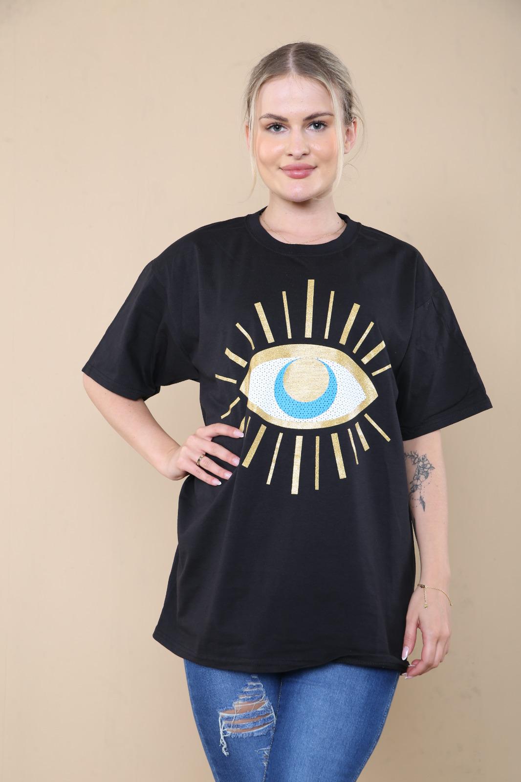 Ladies Oversized Sequin Eye Printed Short Sleeves T Shirt Top - AX Labels