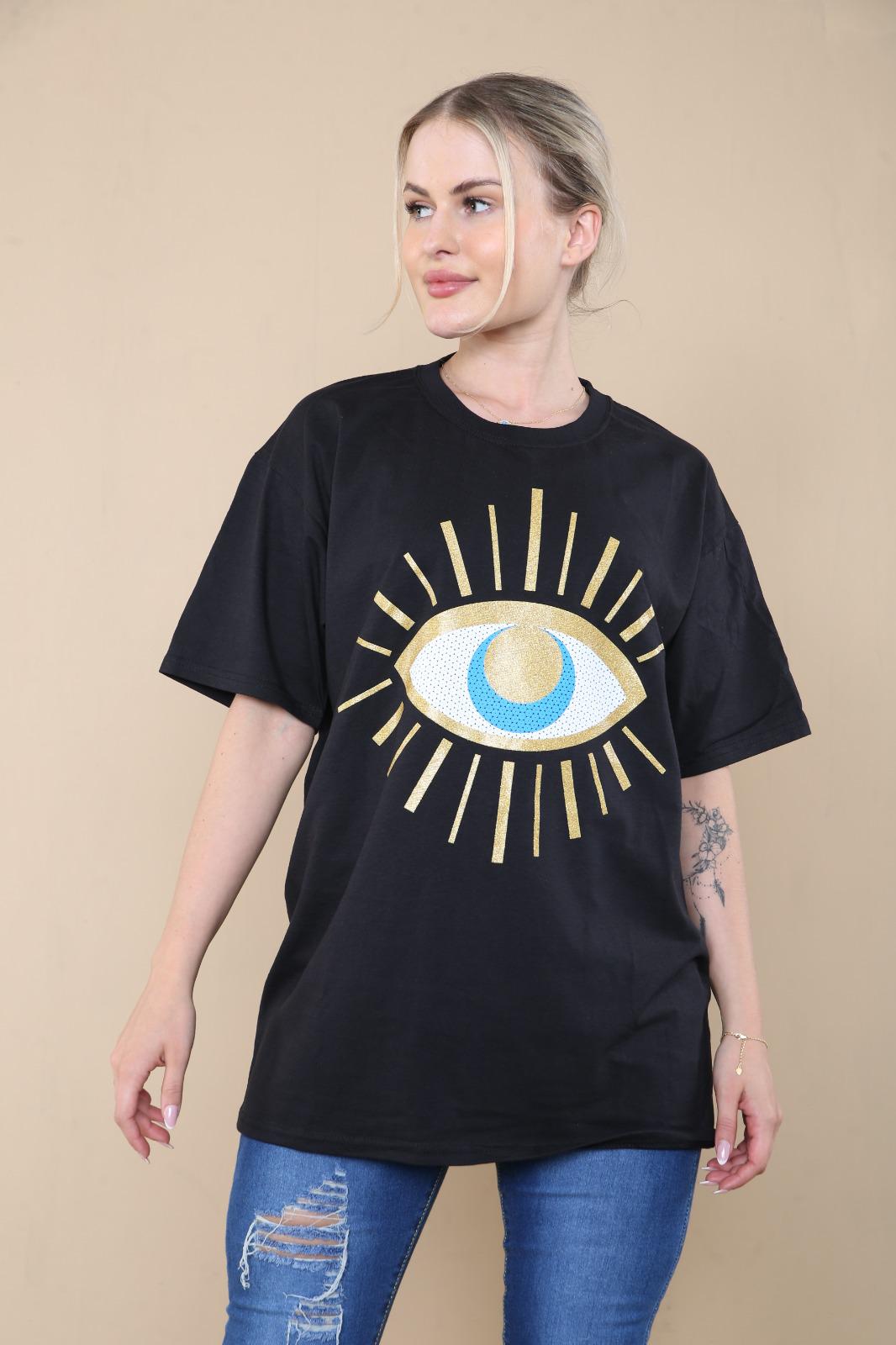 Ladies Oversized Sequin Eye Printed Short Sleeves T Shirt Top - AX Labels