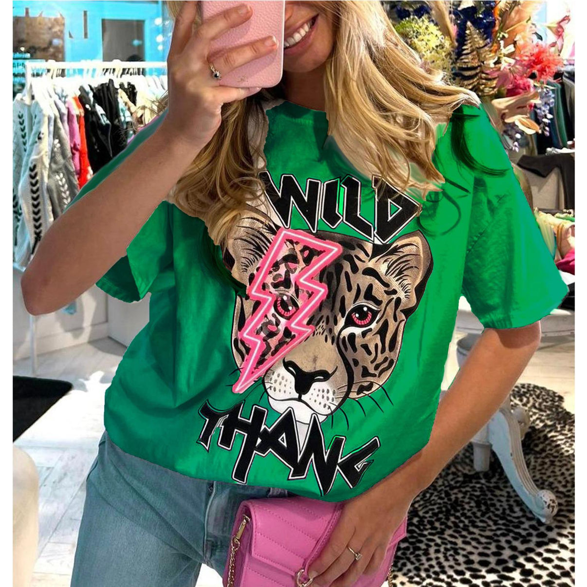 Ladies Oversized Tiger Lightning Wild Thang Short Sleeves T Shirt Top - AX Labels