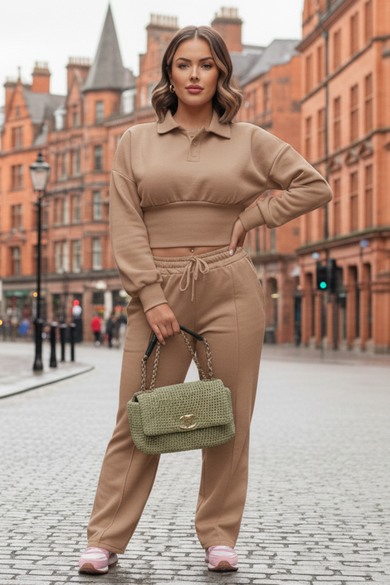 Ladies Two-Piece Collar Co-Ord Set Mocha