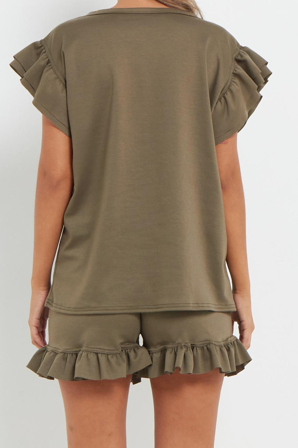 Ladies V Neck Frill Peplum Sleeve Top and Short 2 Piece Tracksuit Set