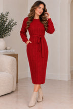 Ladies Women Cable Knit Rop Tie Up Jumper Pocket knitted Midi Party Jumper Dress