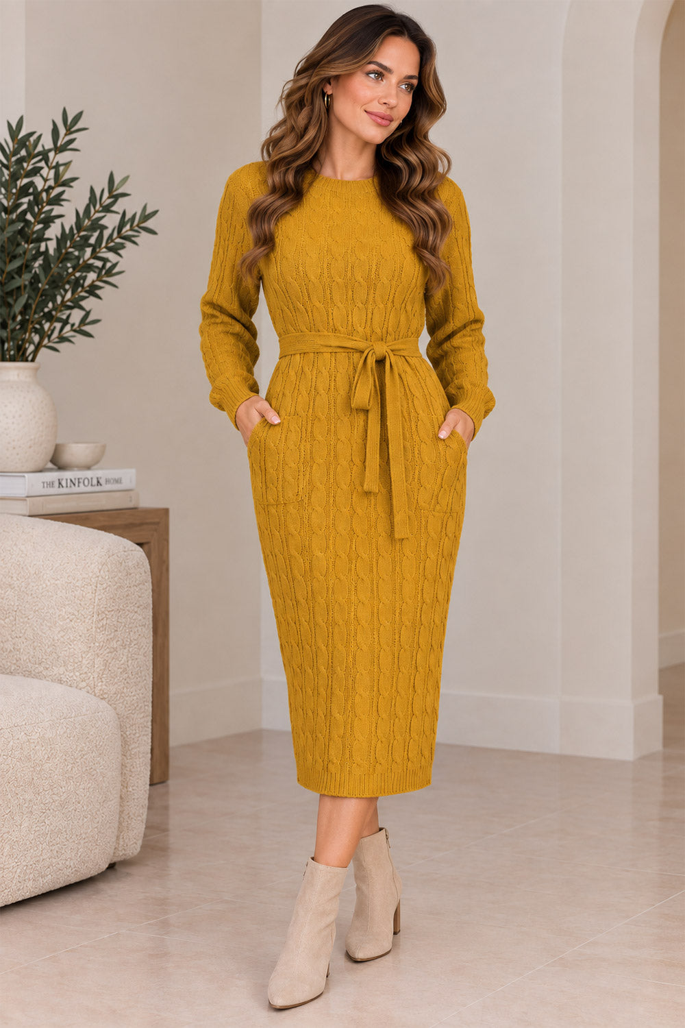 Ladies Women Cable Knit Rop Tie Up Jumper Pocket knitted Midi Party Jumper Dress