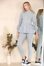 Long Ruched Sleeves Ribbed Peplum Diamond Buttons Frilled Hem Lounge Wear Co-Ord Set - AX Labels