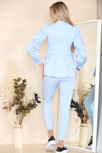 Long Ruched Sleeves Ribbed Peplum Diamond Buttons Frilled Hem Lounge Wear Co-Ord Set - AX Labels