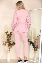 Long Ruched Sleeves Ribbed Peplum Diamond Buttons Frilled Hem Lounge Wear Co-Ord Set - AX Labels