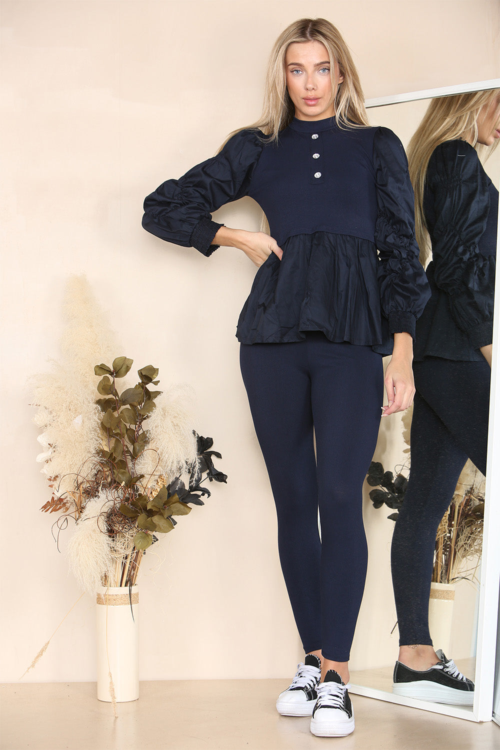 Long Ruched Sleeves Ribbed Peplum Diamond Buttons Frilled Hem Lounge Wear Co-Ord Set - AX Labels