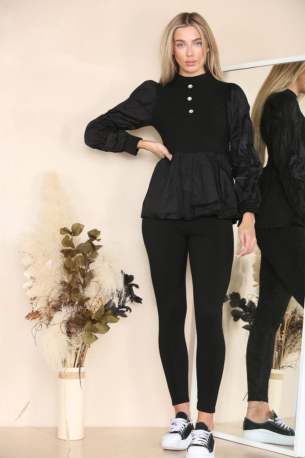 Long Ruched Sleeves Ribbed Peplum Diamond Buttons Frilled Hem Lounge Wear Co-Ord Set - AX Labels