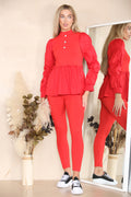 Long Ruched Sleeves Ribbed Peplum Diamond Buttons Frilled Hem Lounge Wear Co-Ord Set - AX Labels