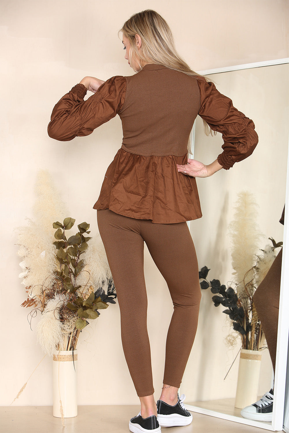 Long Ruched Sleeves Ribbed Peplum Diamond Buttons Frilled Hem Lounge Wear Co-Ord Set - AX Labels