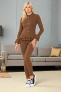 Long Sleeves Peplum Front Buttons Frilled Hem Lounge Wear Set - AX Labels