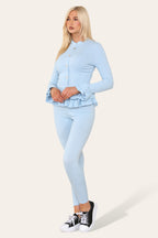 Long Sleeves Peplum Front Buttons Frilled Hem Lounge Wear Set - AX Labels