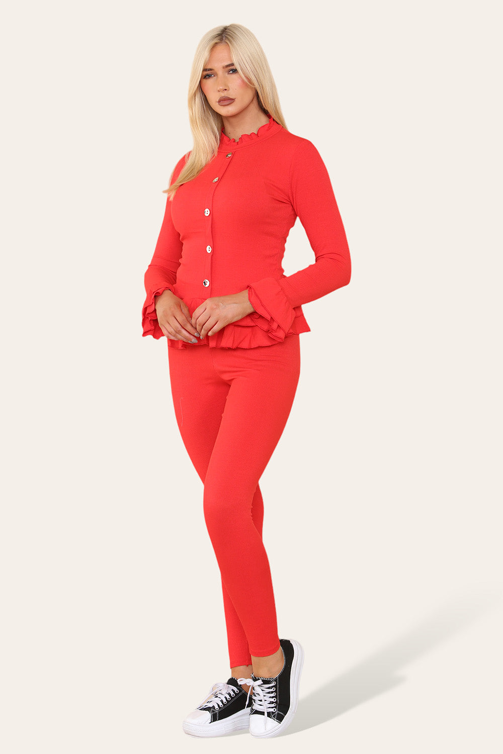 Long Sleeves Peplum Front Buttons Frilled Hem Lounge Wear Set - AX Labels