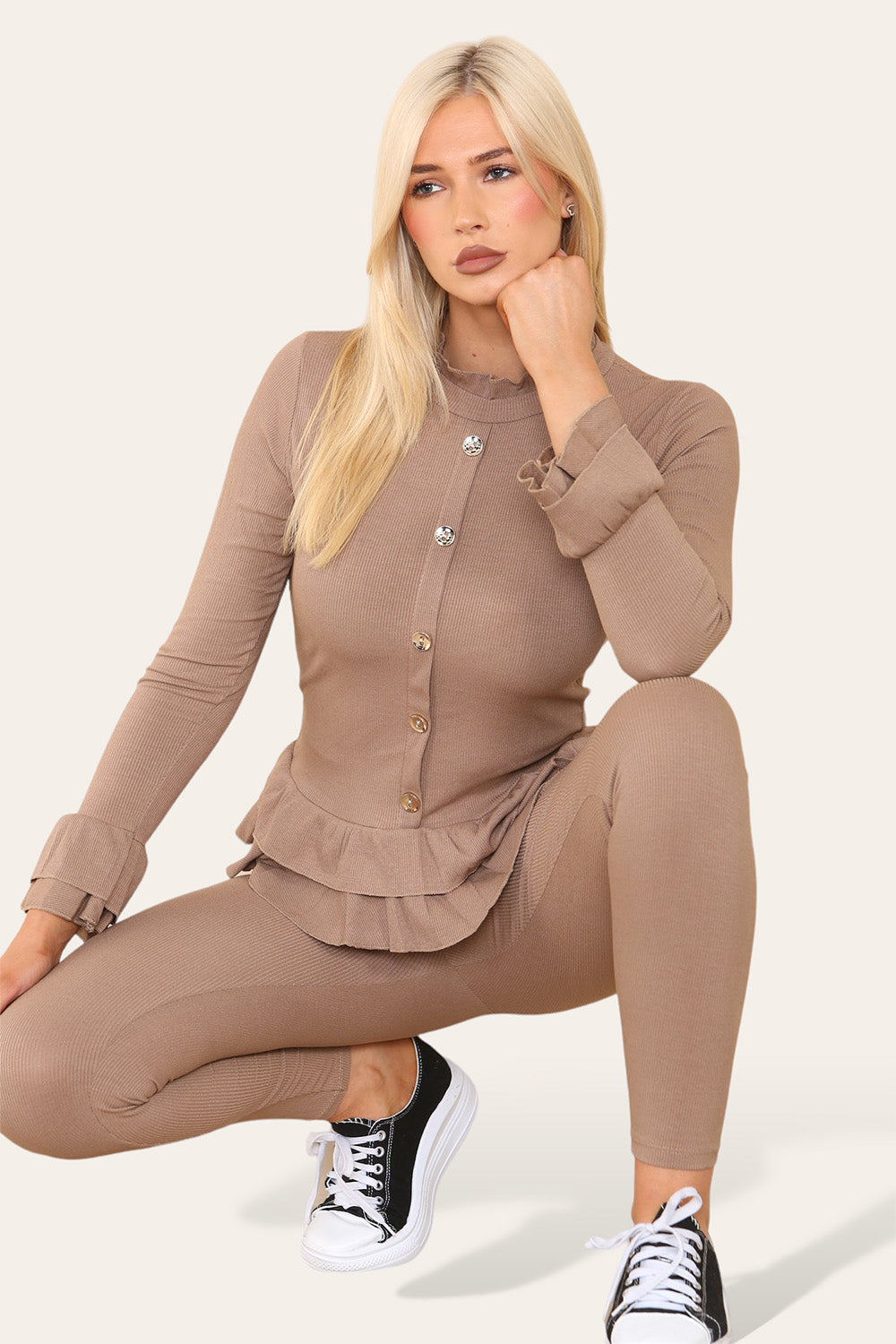 Long Sleeves Peplum Front Buttons Frilled Hem Lounge Wear Set - AX Labels