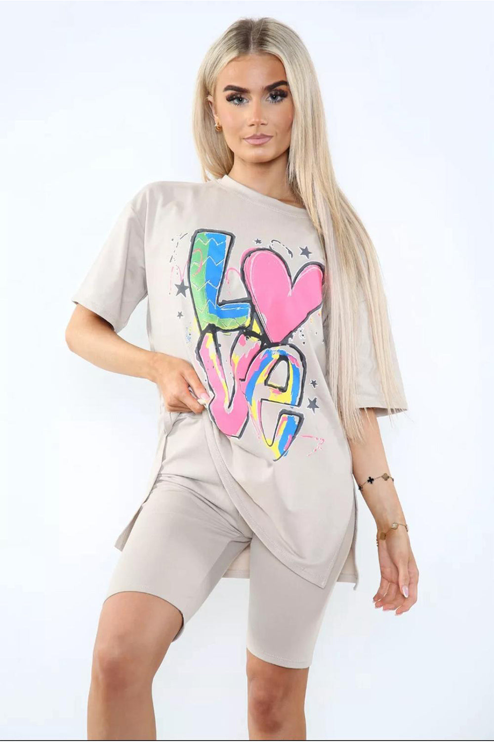 Love Side Slit Cycling Short and T-Shirts Co-Ord Two Piece Set with Front Love Slogan - AX Labels