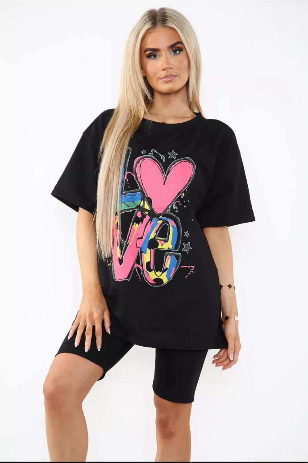 Love Side Slit Cycling Short and T-Shirts Co-Ord Two Piece Set with Front Love Slogan - AX Labels