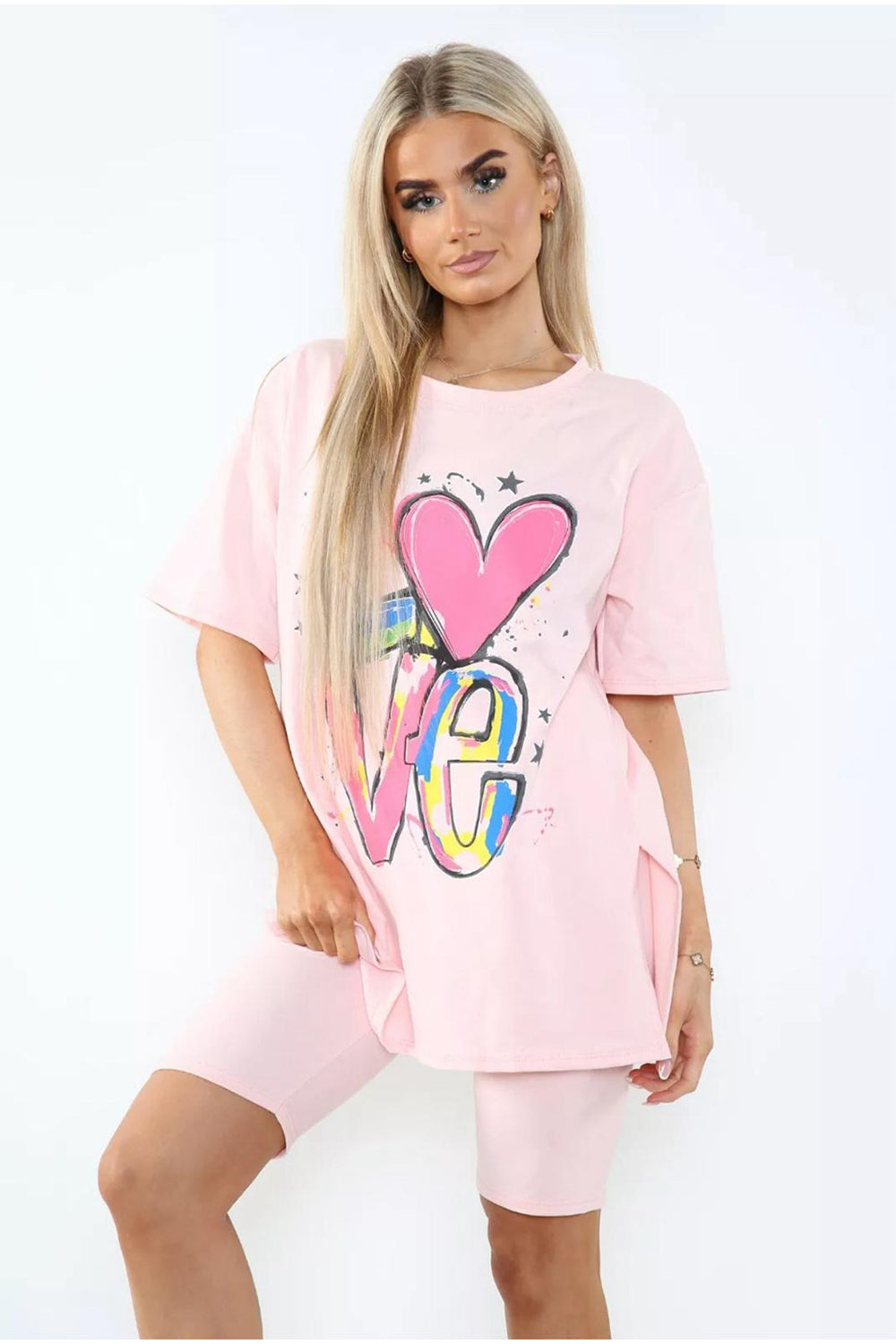 Love Side Slit Cycling Short and T-Shirts Co-Ord Two Piece Set with Front Love Slogan - AX Labels