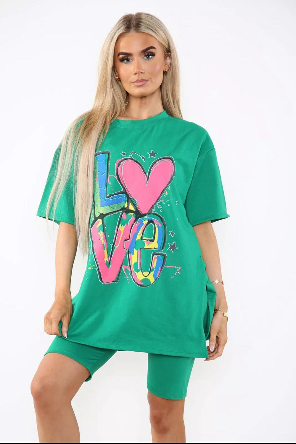 Love Side Slit Cycling Short and T-Shirts Co-Ord Two Piece Set with Front Love Slogan - AX Labels