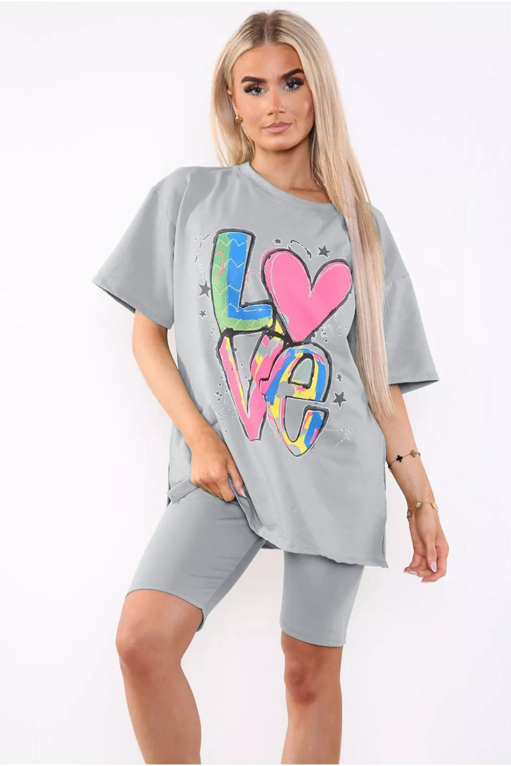 Love Side Slit Cycling Short and T-Shirts Co-Ord Two Piece Set with Front Love Slogan - AX Labels