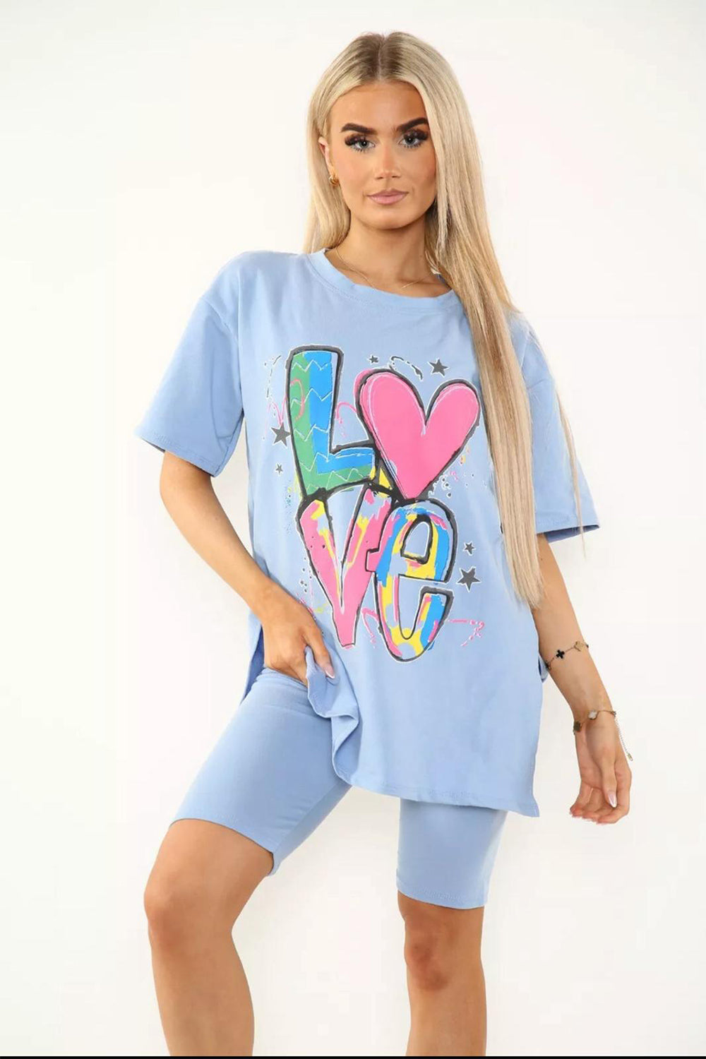 Love Side Slit Cycling Short and T-Shirts Co-Ord Two Piece Set with Front Love Slogan - AX Labels