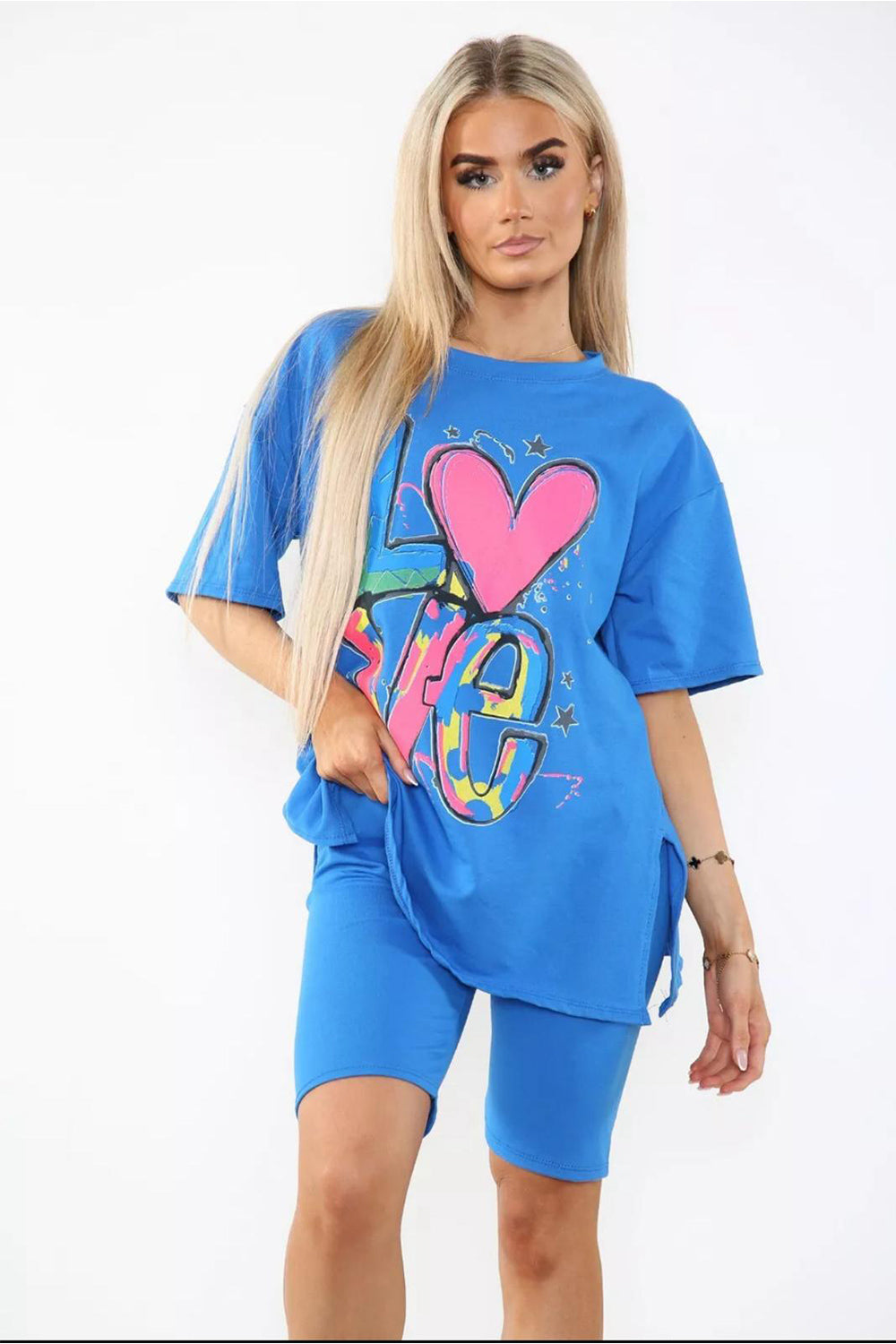 Love Side Slit Cycling Short and T-Shirts Co-Ord Two Piece Set with Front Love Slogan - AX Labels