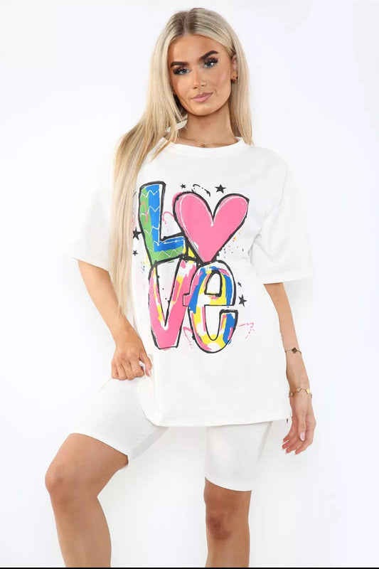 Love Side Slit Cycling Short and T-Shirts Co-Ord Two Piece Set with Front Love Slogan - AX Labels