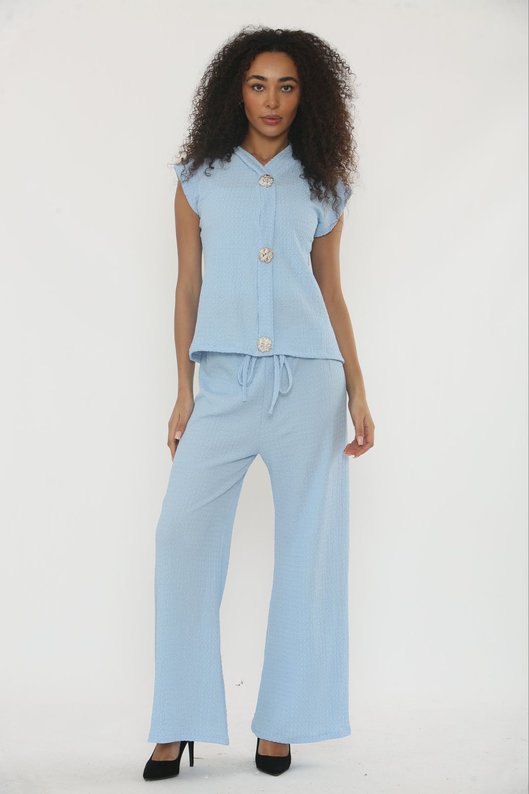 V-Neck Cheesecloth Gold Button Top & Wide Leg Trouser Co-Ord Suit