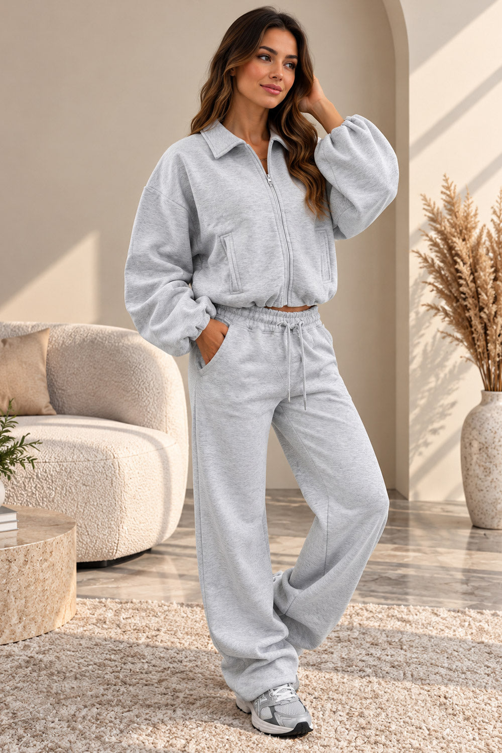 New Collar Style Oversized Bomber Fleece Zipper and Wide Leg Tracksuit