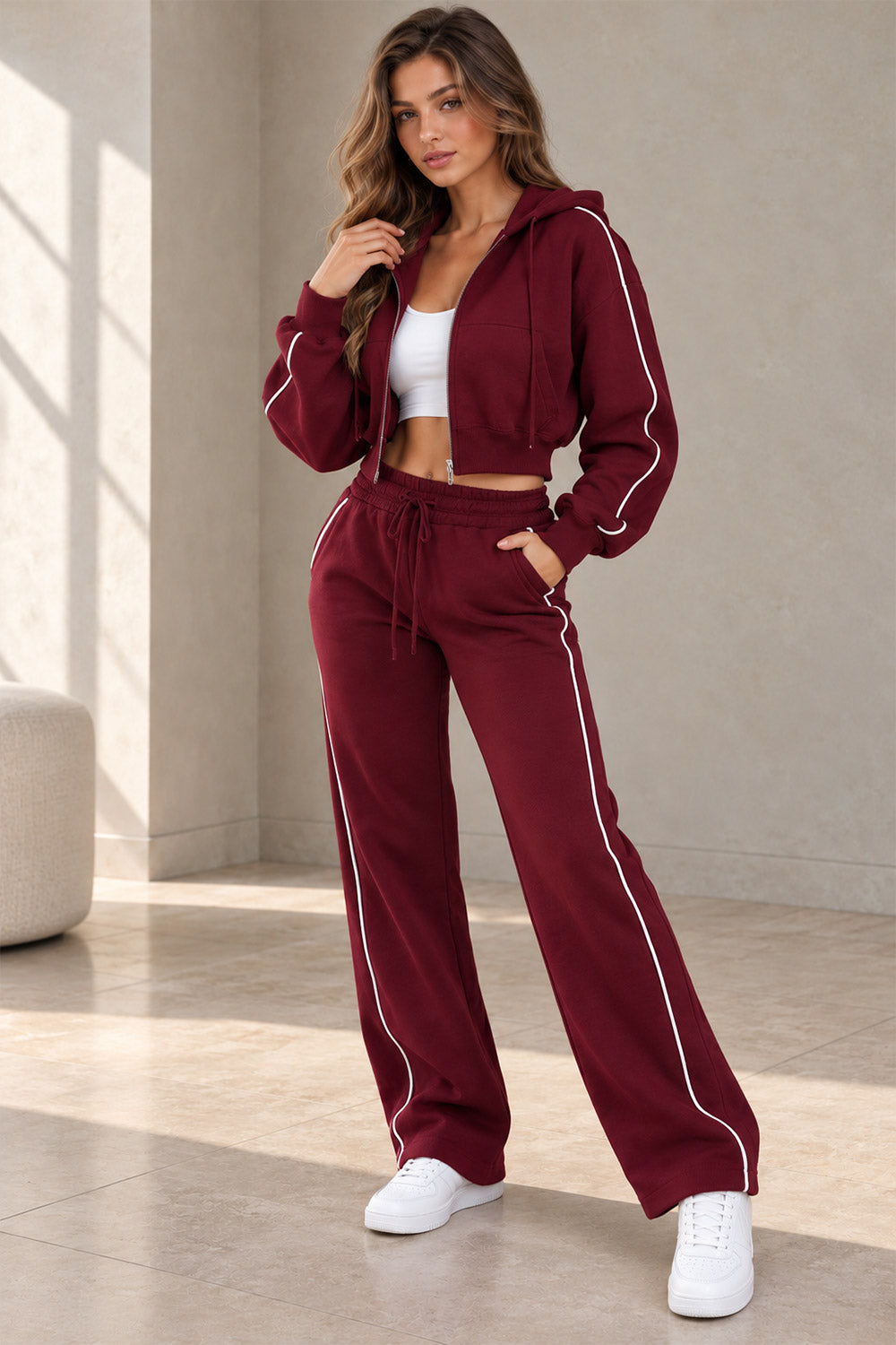 New Style Hooded Zip-Up & Piping Detail Jogger Tracksuit Set