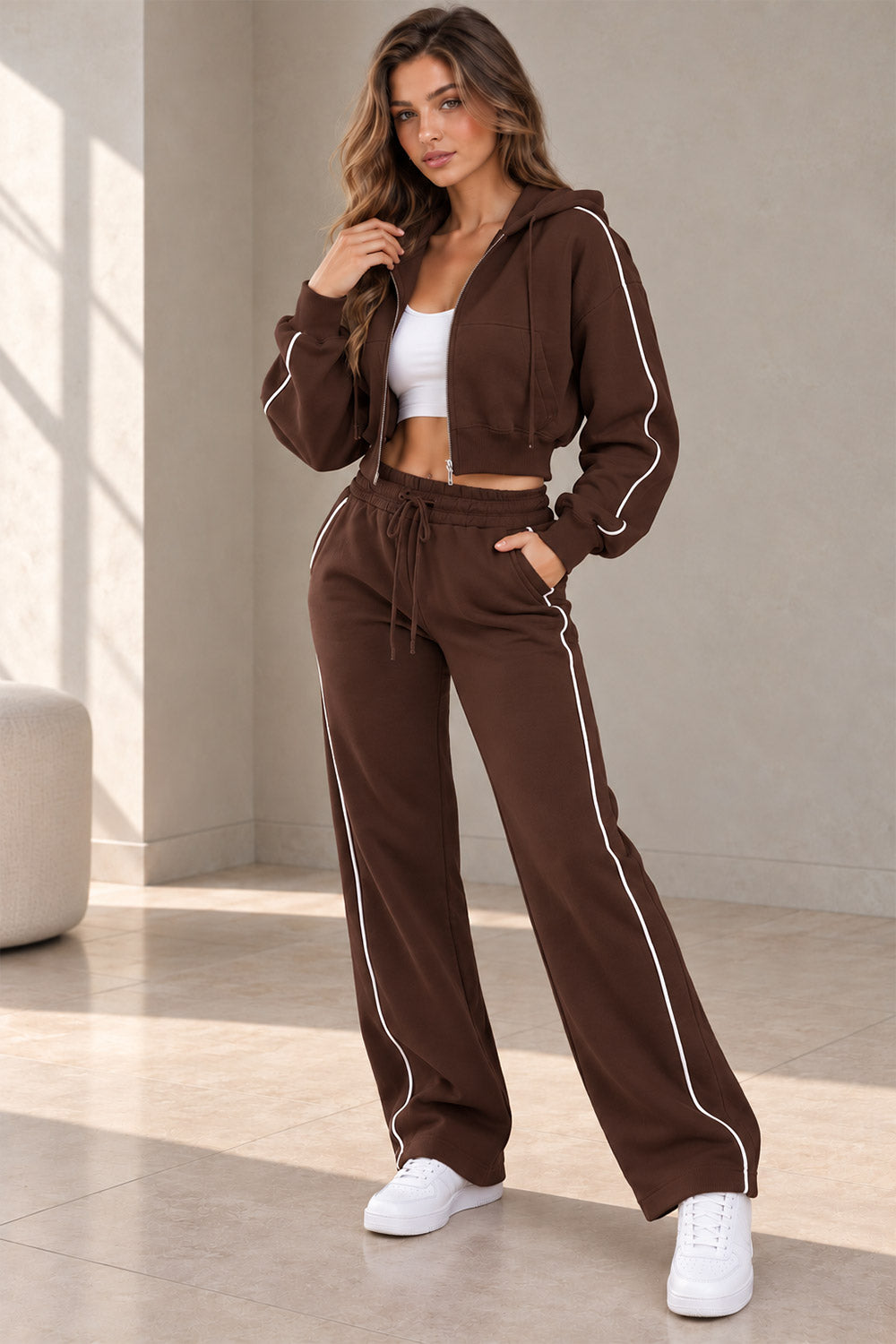 New Style Hooded Zip-Up & Piping Detail Jogger Tracksuit Set