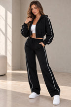 New Style Hooded Zip-Up & Piping Detail Jogger Tracksuit Set