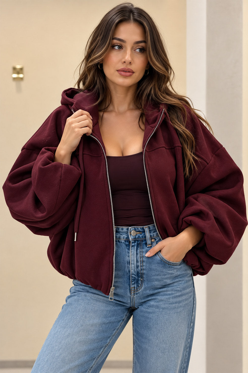 New Style Women Oversized Balloon Sleeve Zip Up Wool Hoodie