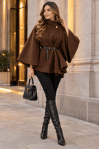 New Women Belted Poncho Cape 1 button up Coat Winter High Neck Top in One size